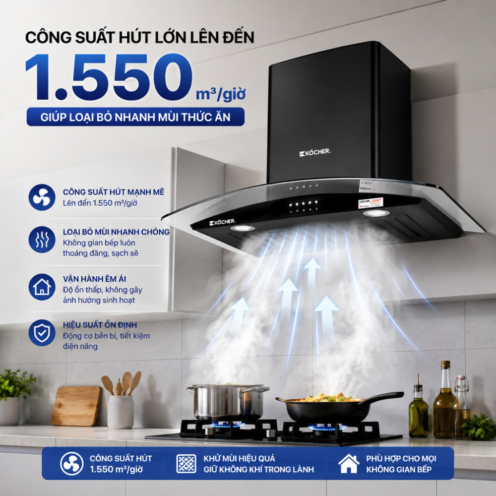 Máy hút mùi kính cong Kocher K-8070V - Hàng chính hãng