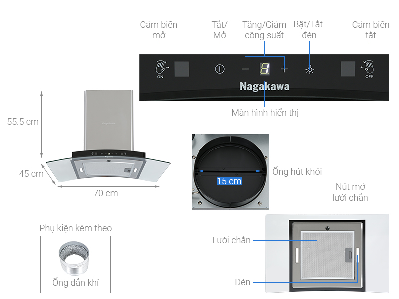 Máy hút mùi áp tường Nagakawa NKCH02M70   - Hàng chính hãng
