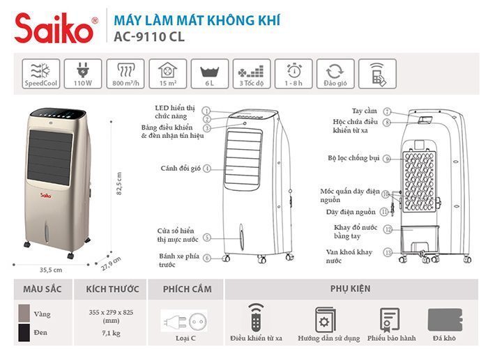 Máy làm mát không khí Saiko AC-9110CL - Hàng chính hãng