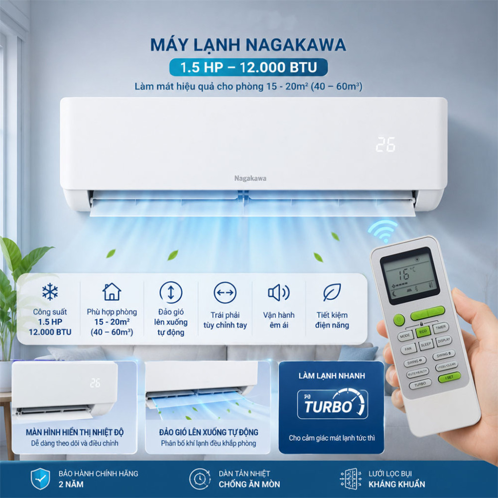 Máy lạnh Nagakawa Inverter 1.5 HP NIS-C12R2T28 - Hàng chính hãng