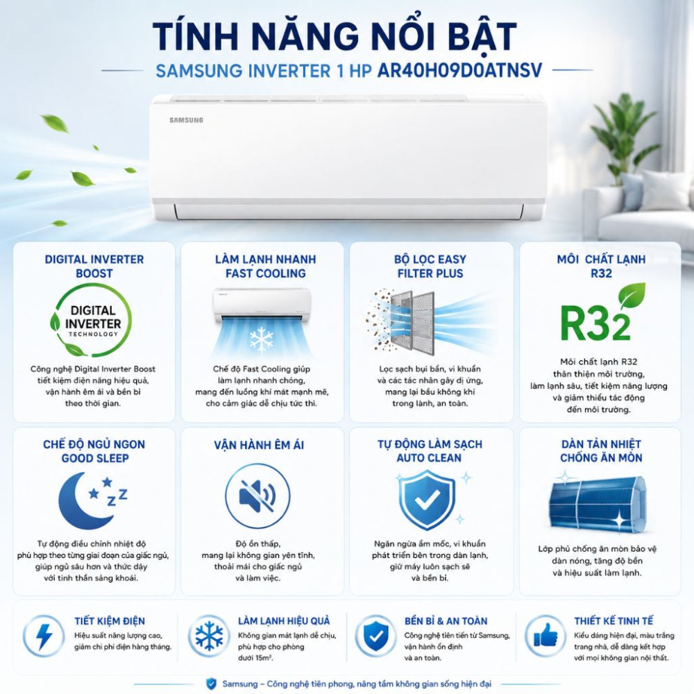 Máy lạnh Samsung Inverter 1 HP AR40H09D0ATNSV - Hàng chính hãng