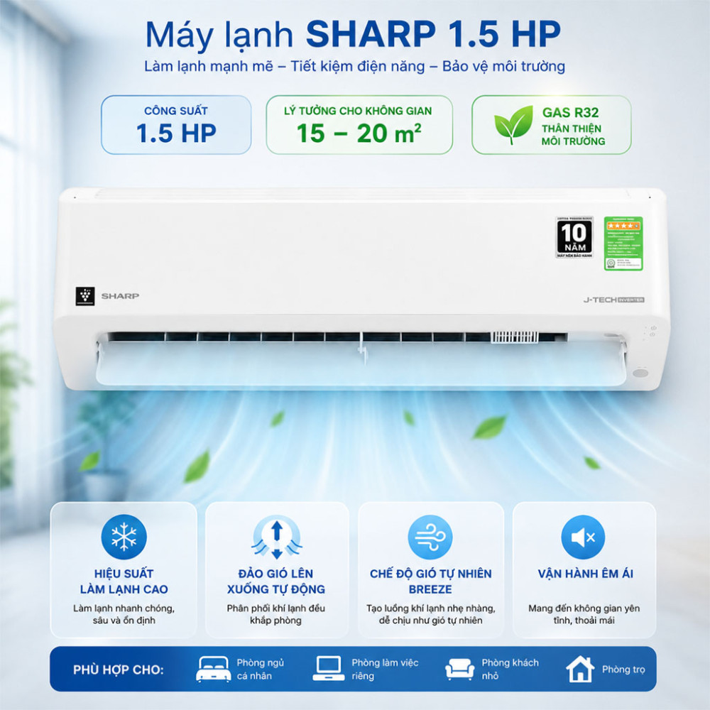 Máy lạnh Sharp Inverter 1.5 HP AH-XP13CMW - Hàng chính hãng