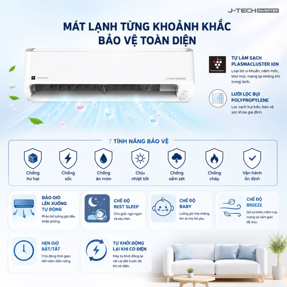 Máy lạnh Sharp Inverter 1.5 HP AH-XP13DSW - Hàng chính hãng