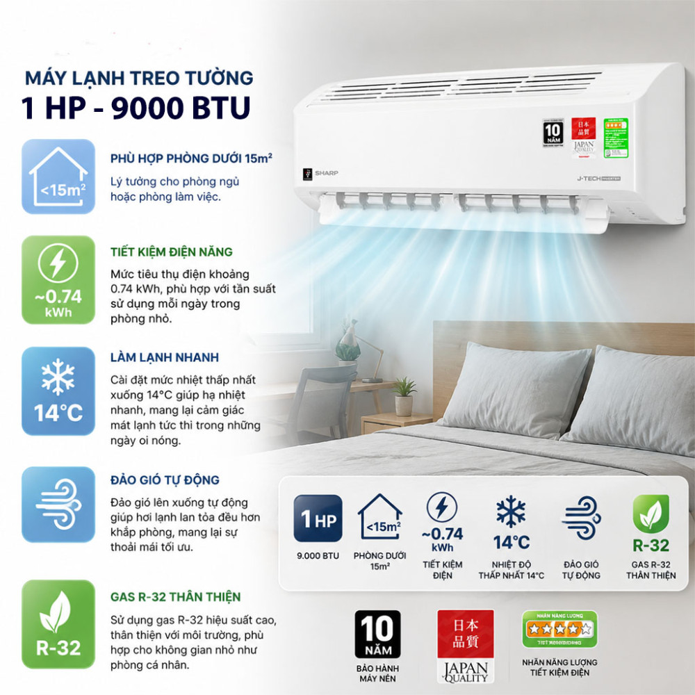 Máy lạnh Sharp Inverter 1 HP AH-XP10DSW - Hàng chính hãng