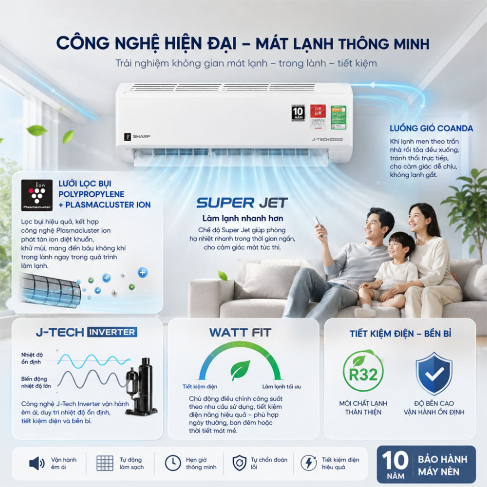 Máy lạnh Sharp Inverter 1 HP AH-XP10DSW - Hàng chính hãng