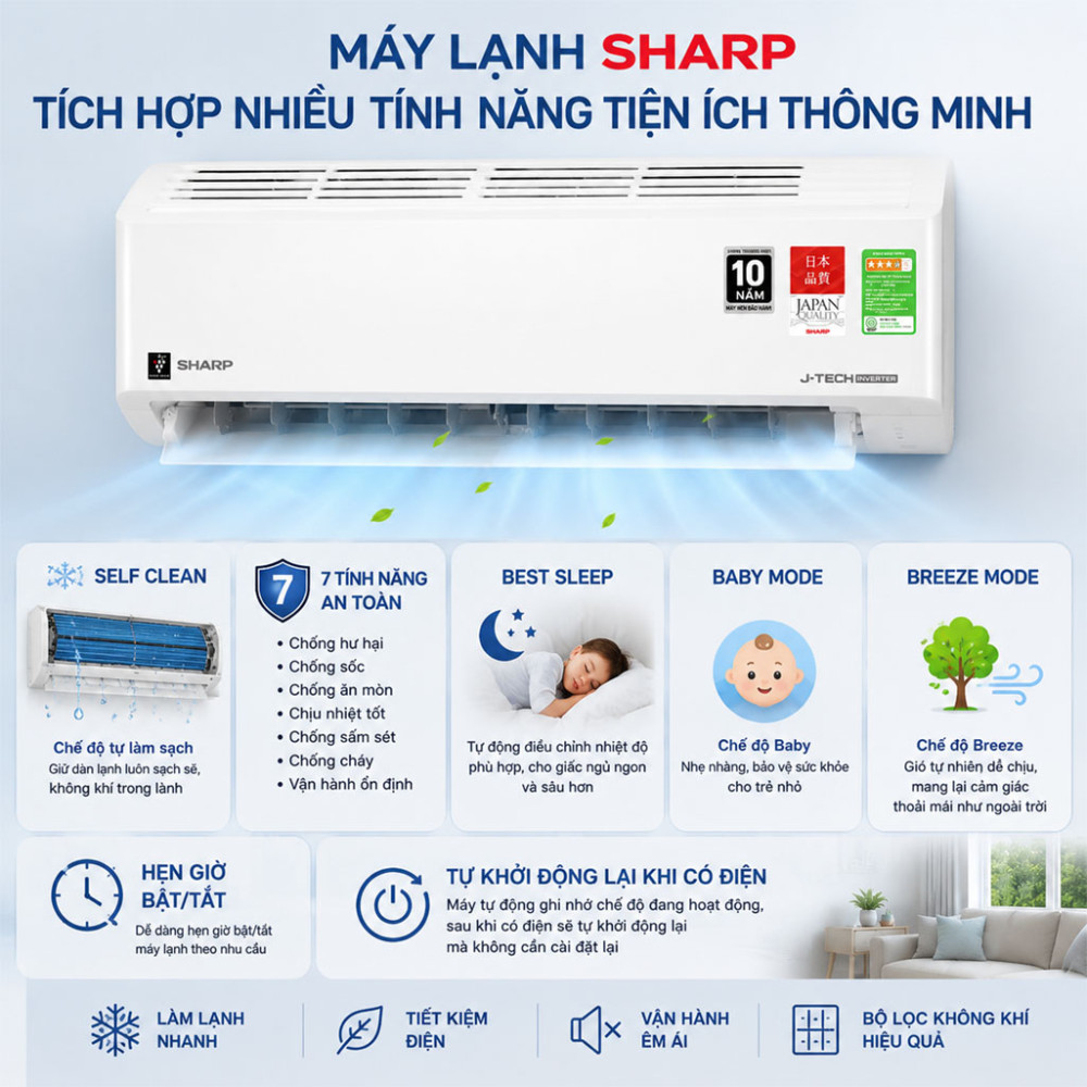 Máy lạnh Sharp Inverter 1 HP AH-XP10DSW - Hàng chính hãng