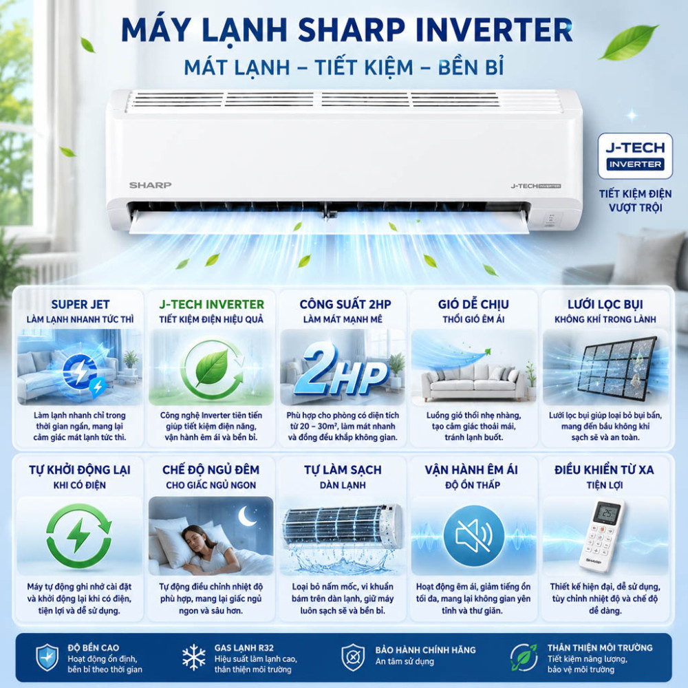  Máy lạnh Sharp Inverter 2HP AH-X18DEW - Hàng chính hãng