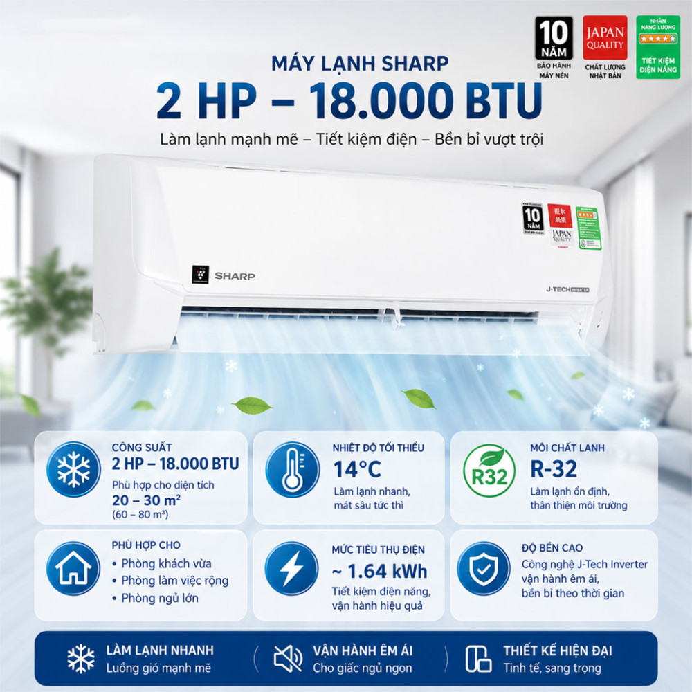 Máy lạnh Sharp Inverter 2 HP AH-XP18DSW - Hàng chính hãng