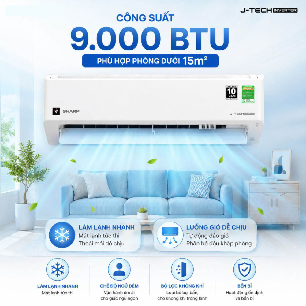 Máy lạnh Sharp Inverter 1HP AH-XP10CMW - Hàng chính hãng