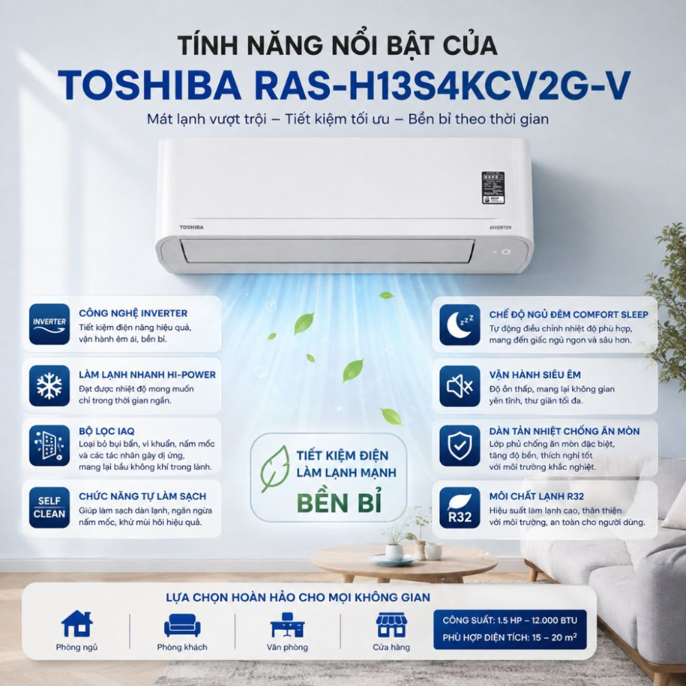 Máy lạnh Toshiba Inverter 1.5HP RAS-H13S4KCV2G-V - Hàng chính hãng