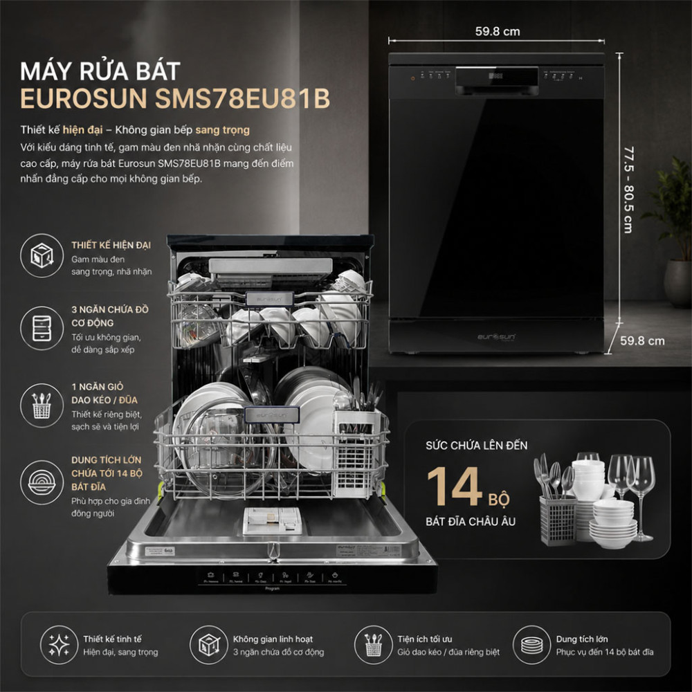 Máy rửa bát Eurosun SMS78EU81B - Hàng chính hãng