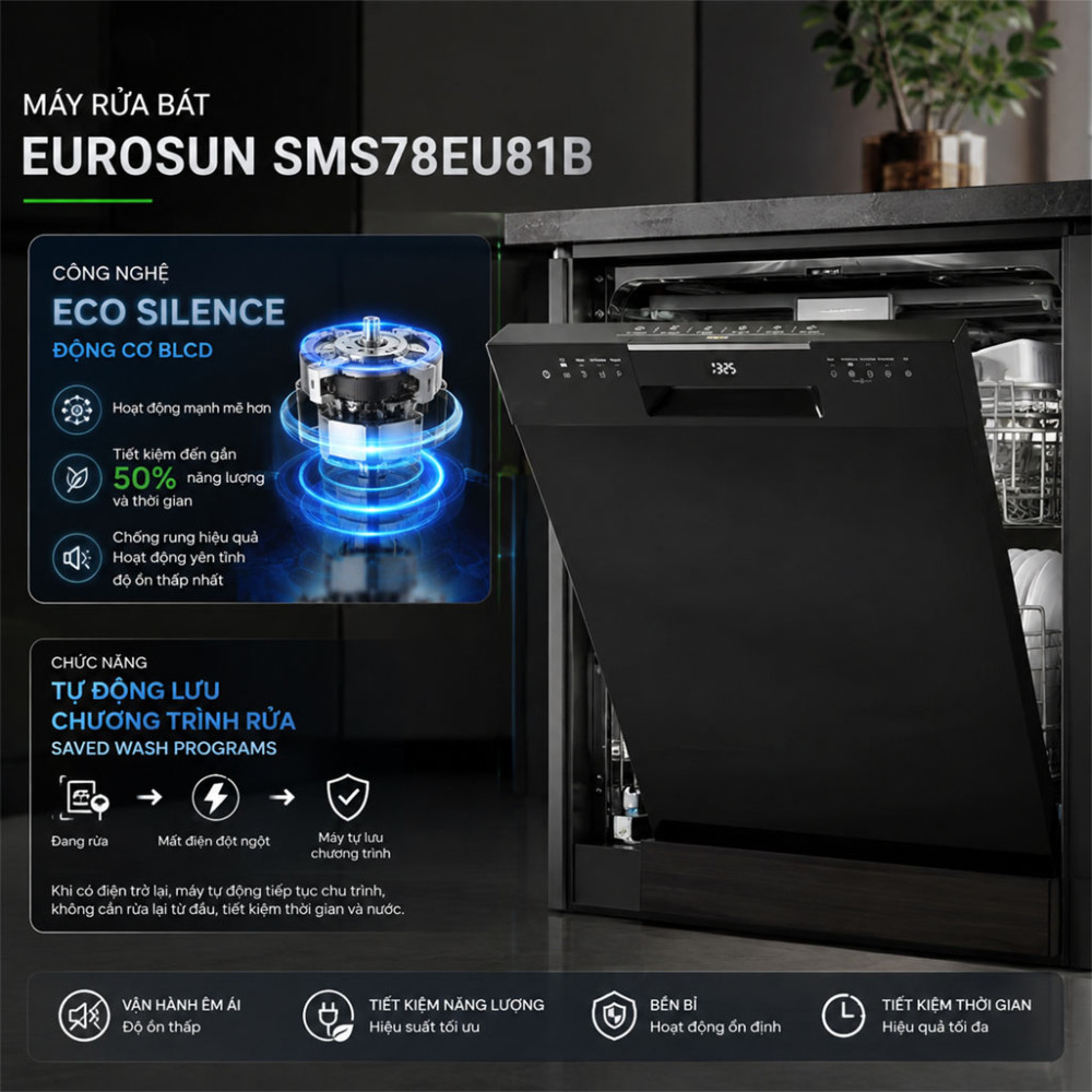 Máy rửa bát Eurosun SMS78EU81B - Hàng chính hãng