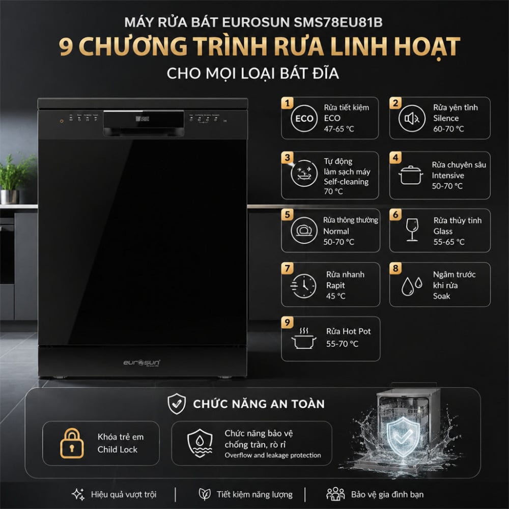 Máy rửa bát Eurosun SMS78EU81B - Hàng chính hãng