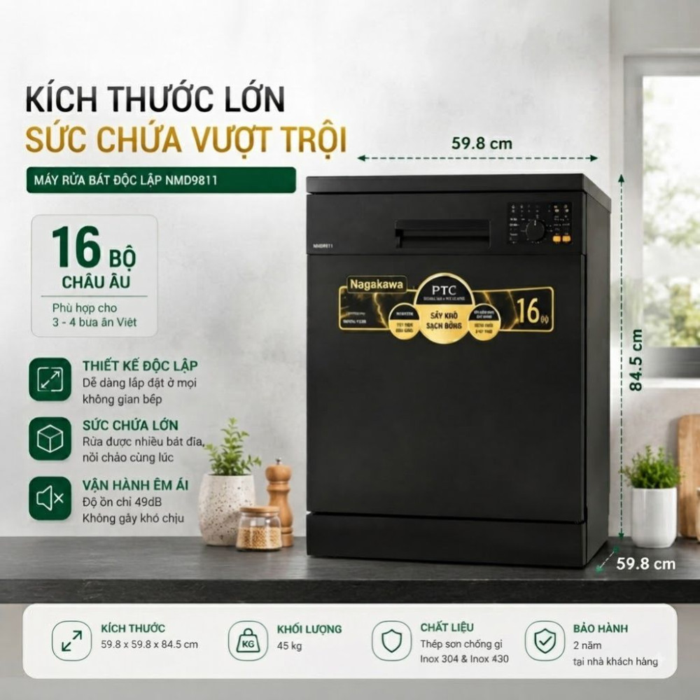 Máy rửa bát độc lập 16 bộ Nagakawa NMD9811 - Hàng chính hãng