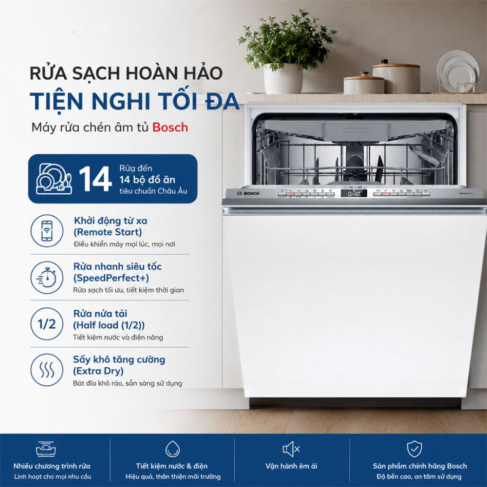 Máy rửa bát âm tủ Bosch SMV4HCX19E Series 4 - Hàng chính hãng