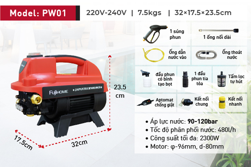 Máy rửa xe mô tơ cảm ứng từ FujiHome PW01 - Hàng chính hãng