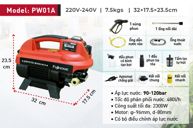 Máy rửa xe mô tơ cảm ứng từ Fujihome PW01A - Hàng chính hãng