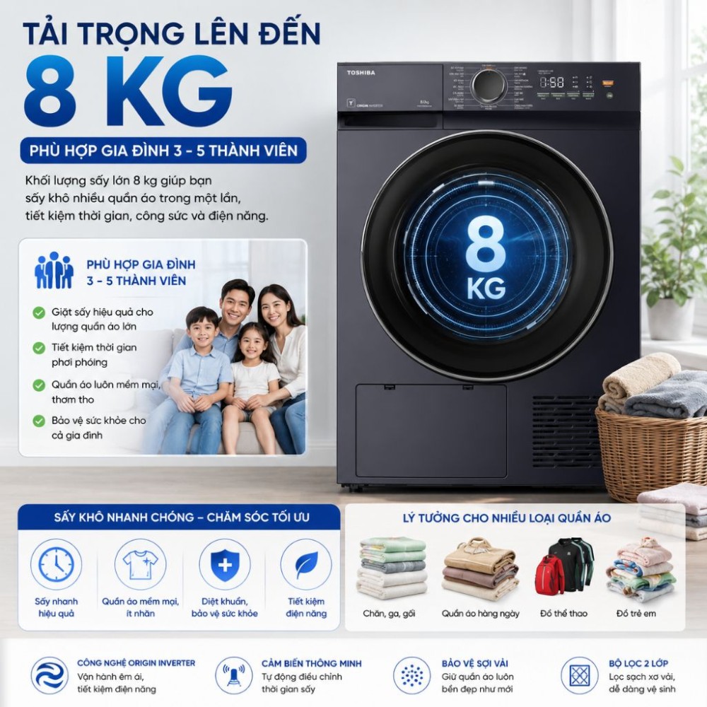 Máy sấy bơm nhiệt Toshiba 8 kg TD-T21B90HWV(MG) - Hàng chính hãng