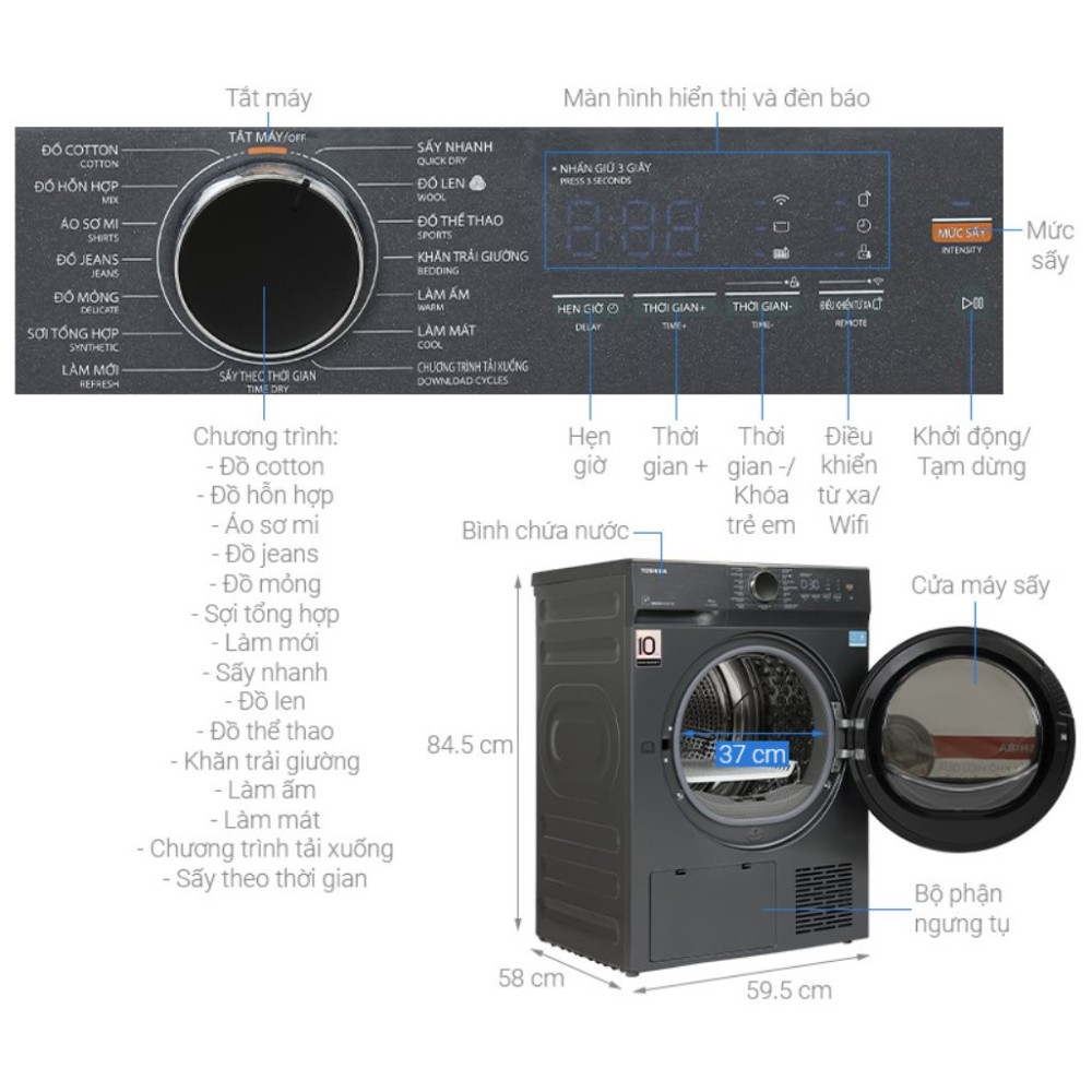 Máy sấy bơm nhiệt Toshiba 8 kg TD-T21B90HWV(MG) - Hàng chính hãng