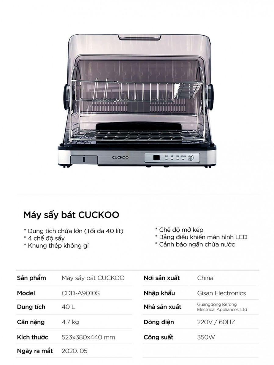 Máy sấy bát điện tử 40 lít Cuckoo CDD-A9010/STVNCV - Hàng chính hãng