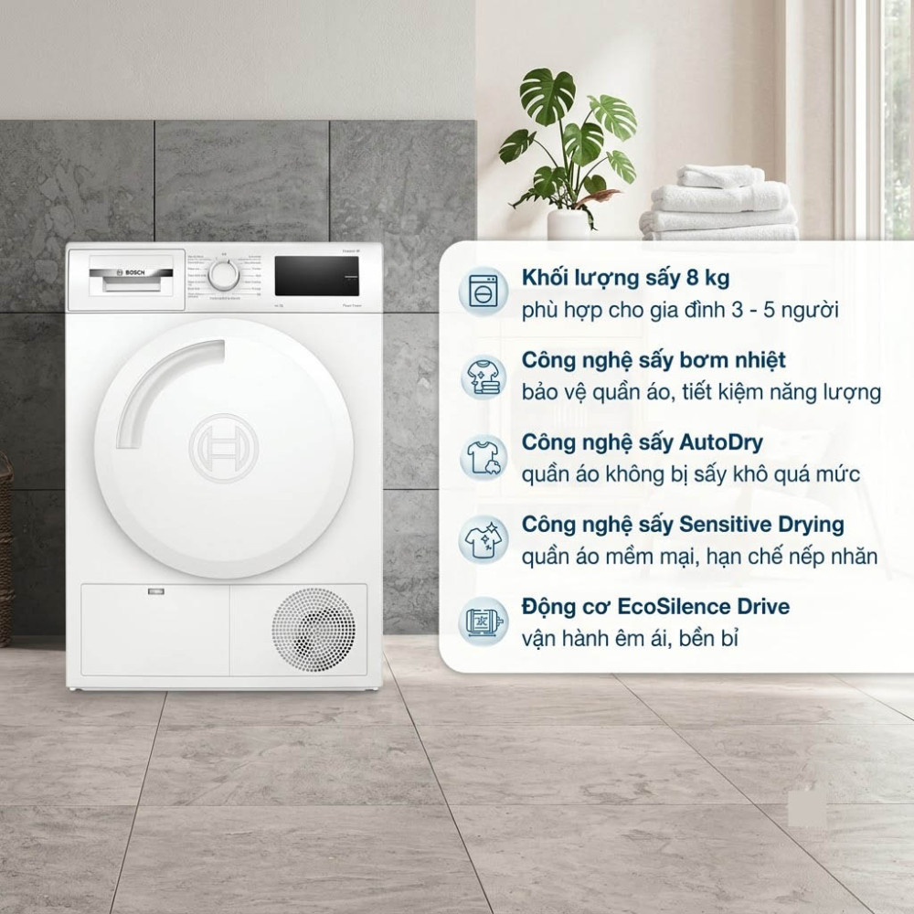 Máy sấy bơm nhiệt Bosch 8 kg WTH83028SG - Hàng chính hãng