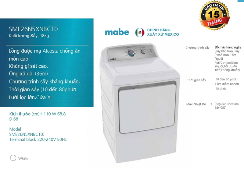 Máy sấy quần áo Mabe SME26N5XNBCT0 - 18 Kg - Hàng chính hãng