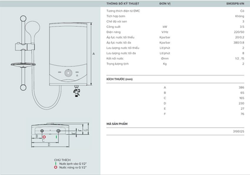 Máy tắm nước nóng trực tiếp Ariston SM35PE-VN - Hàng chính hãng