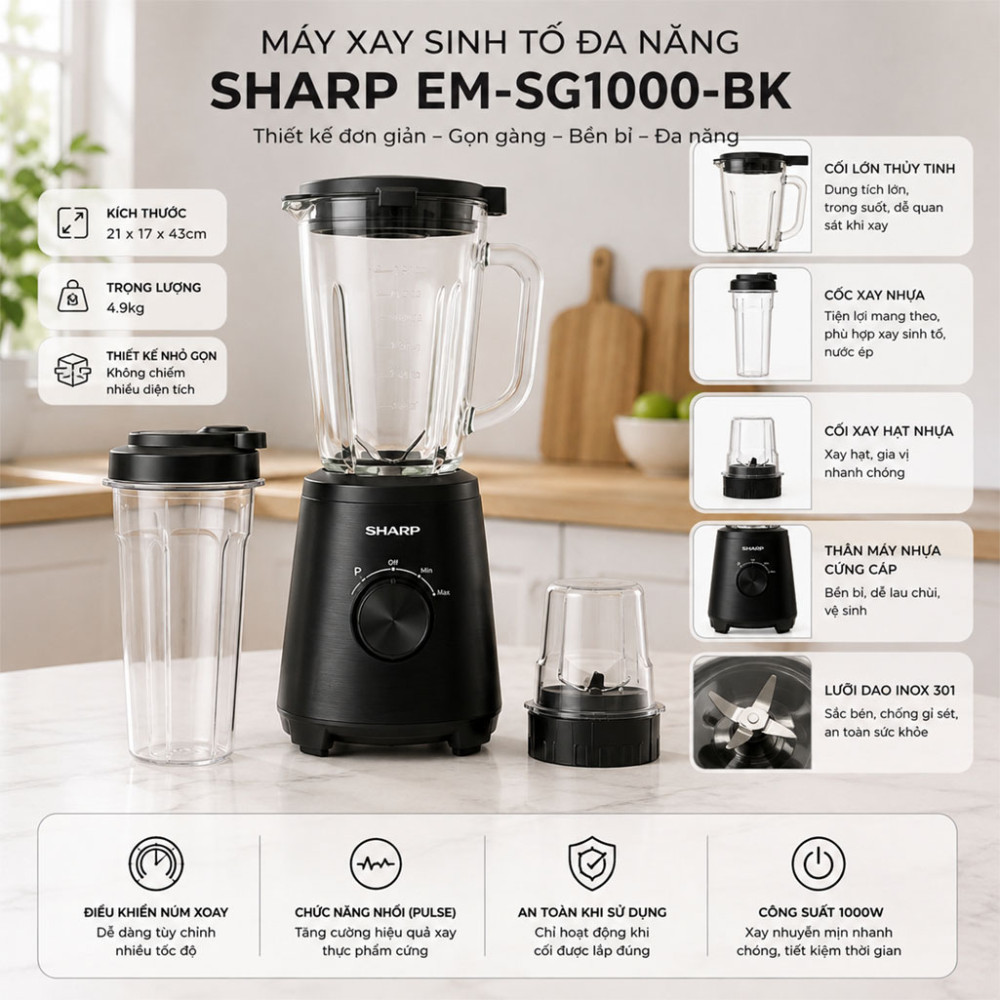 Máy xay sinh tố đa năng Sharp EM-SG1000-BK - Hàng chính hãng