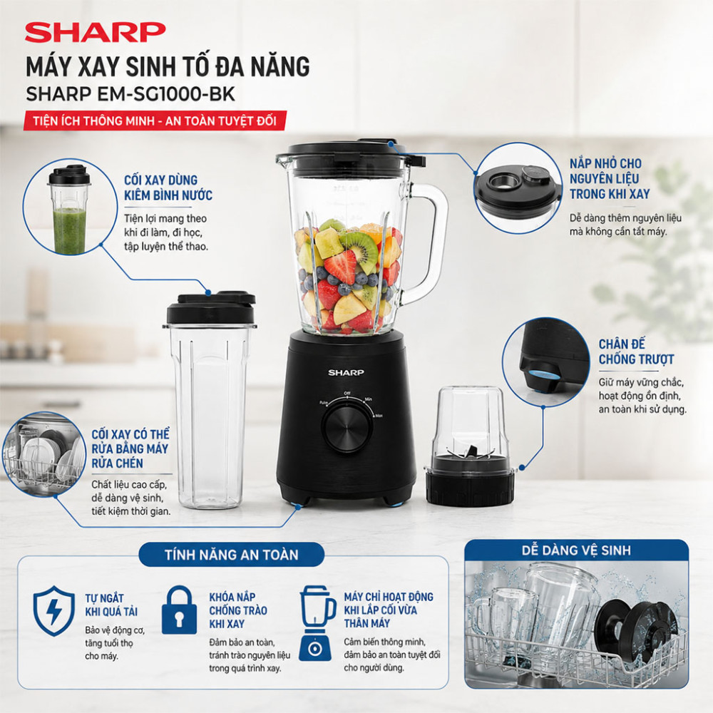 Máy xay sinh tố đa năng Sharp EM-SG1000-BK - Hàng chính hãng