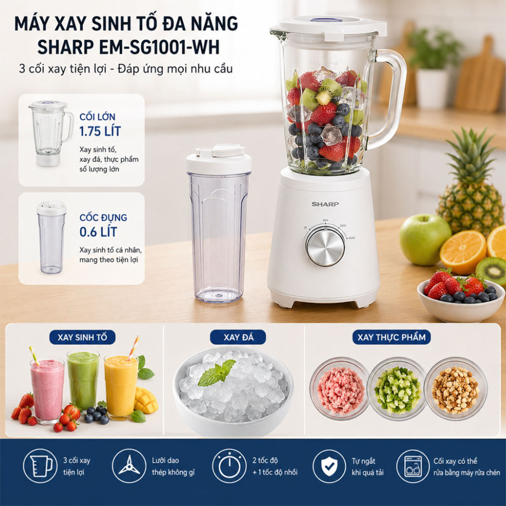 Máy xay sinh tố đa năng Sharp EM-SG1001-WH - Hàng chính hãng