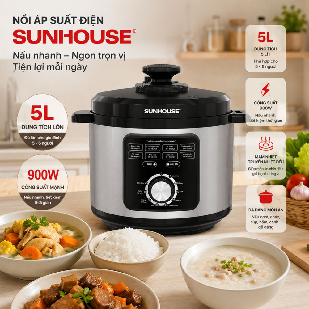 Nồi áp suất điện Sunhouse SHD1551 5 lít - Hàng chính hãng