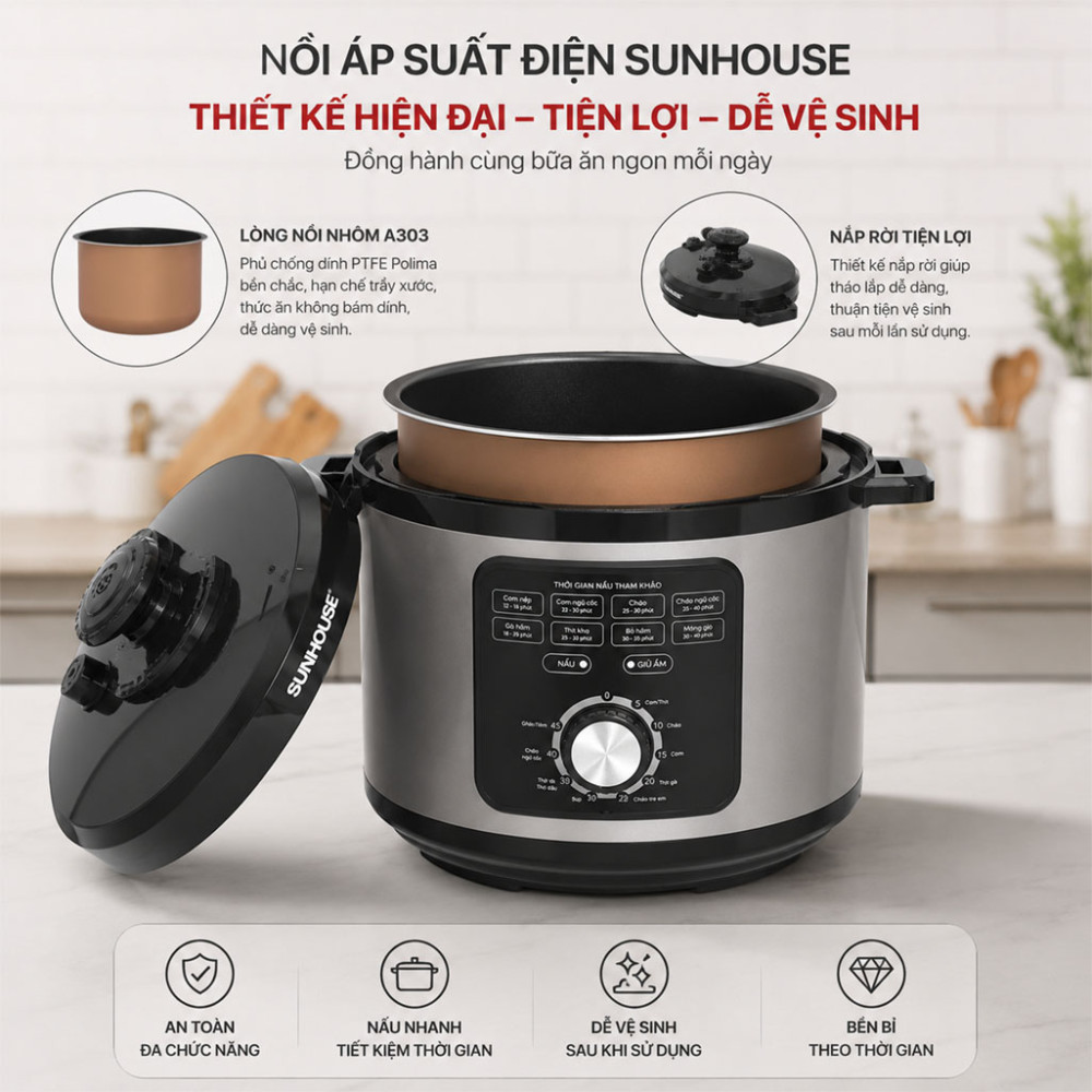 Nồi áp suất điện Sunhouse SHD1551 5 lít - Hàng chính hãng