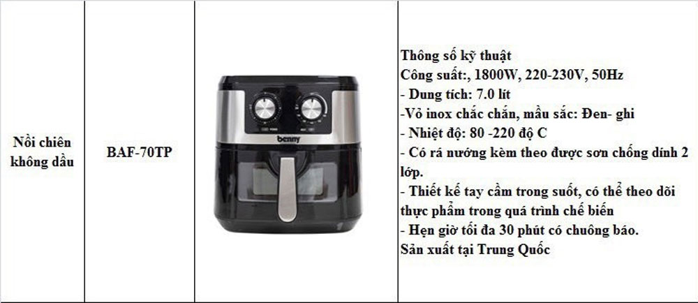 Nồi chiên không dầu Benny BAF-70TP - 7 Lít - Hàng chính hãng