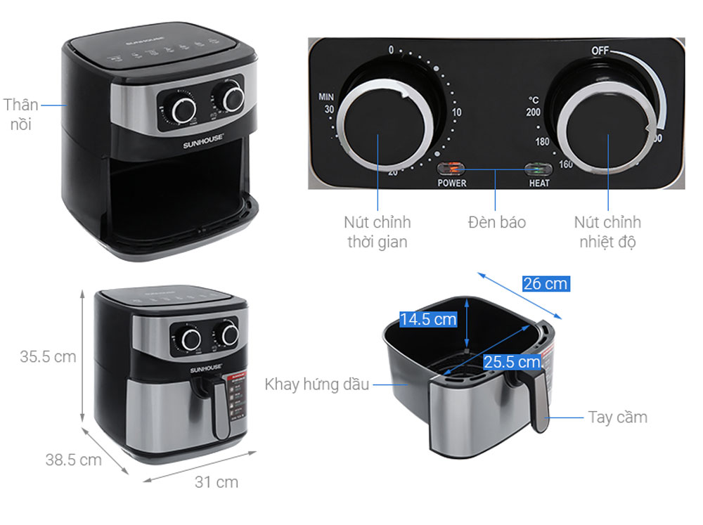 Nồi chiên không dầu Sunhouse SHD4035 9 lít - Hàng chính hãng