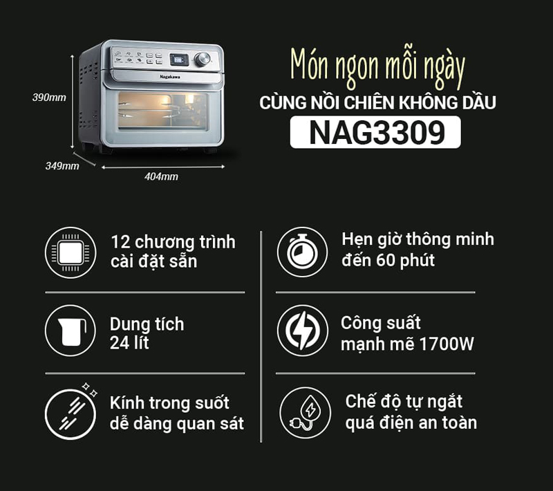 Nồi chiên không dầu 24L Nagakawa NAG3309 - Hàng chính hãng