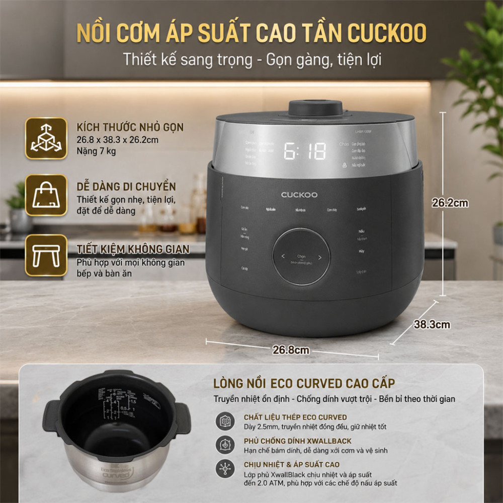 Nồi cơm áp suất cao tần Cuckoo 1.08 lít CRP-LHBR0600F - Hàng chính hãng