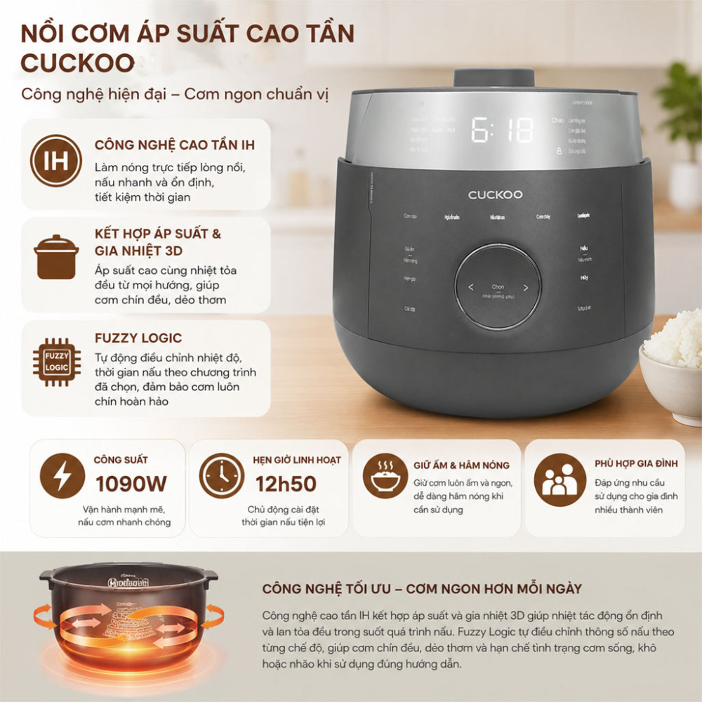 Nồi cơm áp suất cao tần Cuckoo 1.08 lít CRP-LHBR0600F - Hàng chính hãng