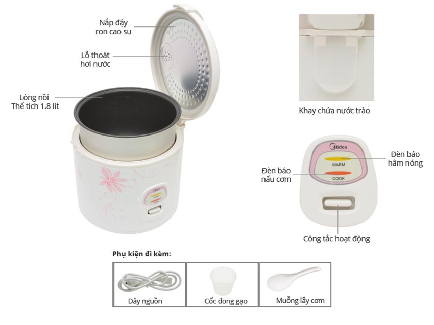 Nồi cơm điện nắp gài Midea MR-CM18SQ - Hàng chính hãng