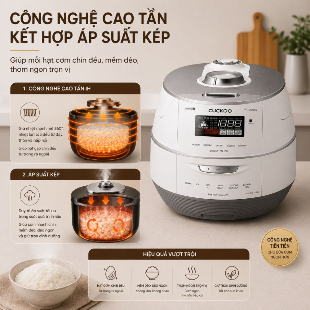 Nồi cơm điện cao tần áp suất kép Cuckoo CRP-FHTAS0610FW - Hàng chính hãng