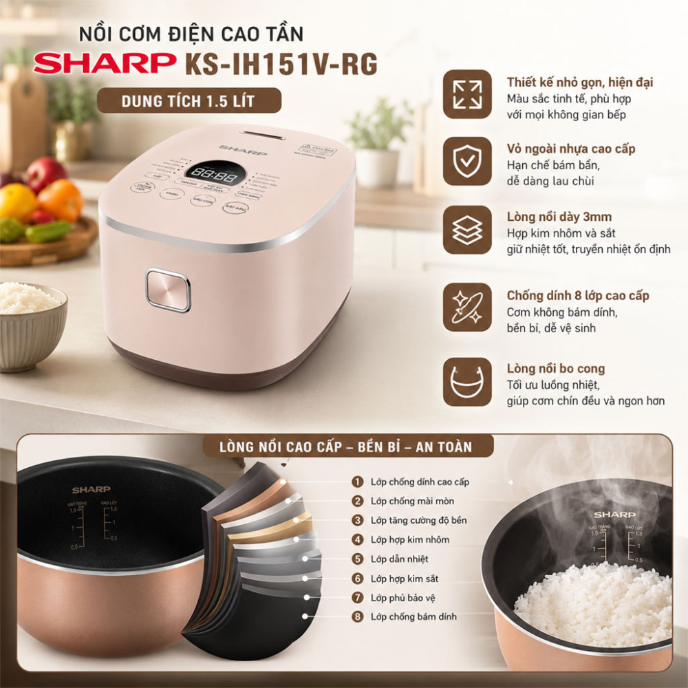 Nồi cơm điện cao tần Sharp 1.5 Lít KS-IH151V-RG - Hàng chính hãng