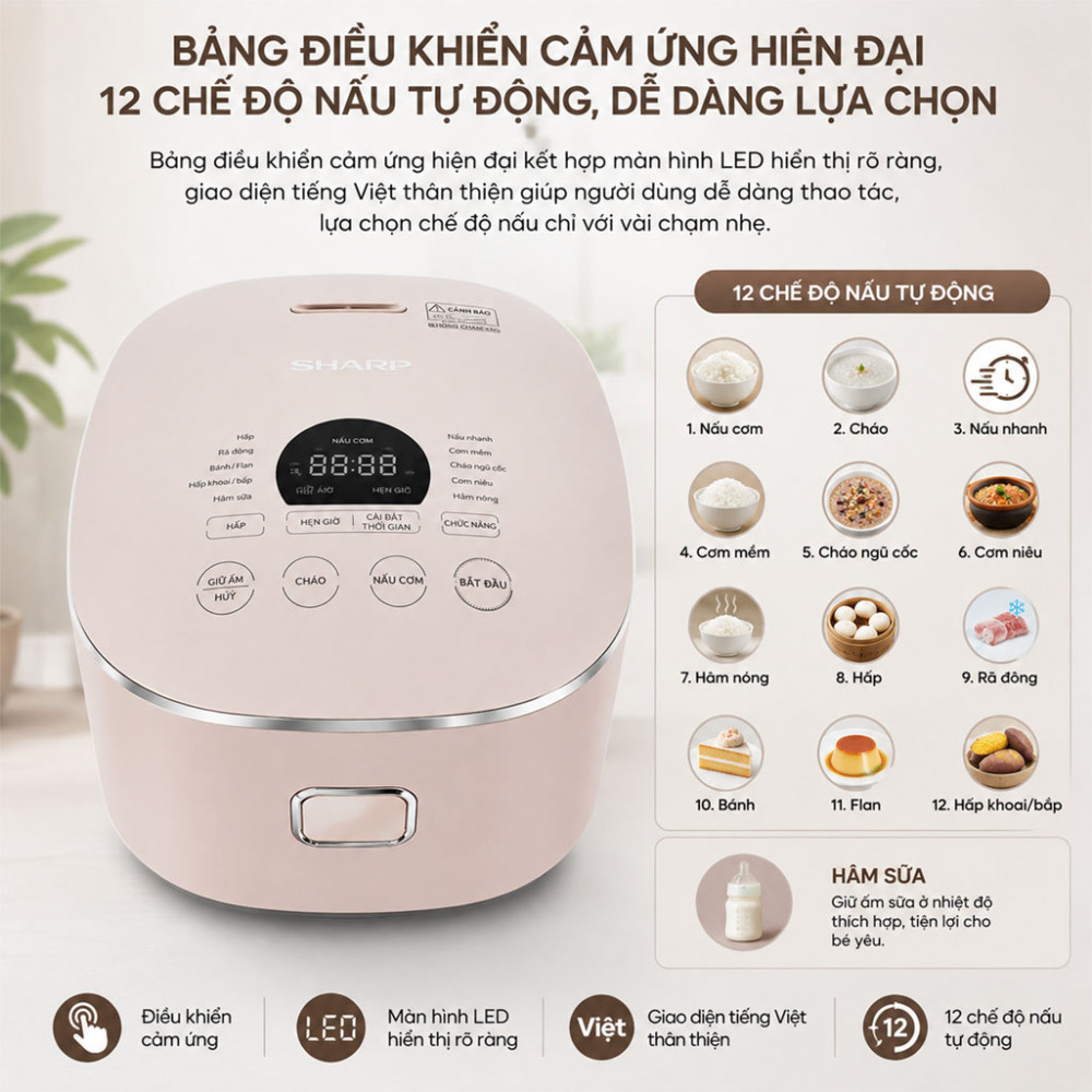 Nồi cơm điện cao tần Sharp 1.5 Lít KS-IH151V-RG - Hàng chính hãng
