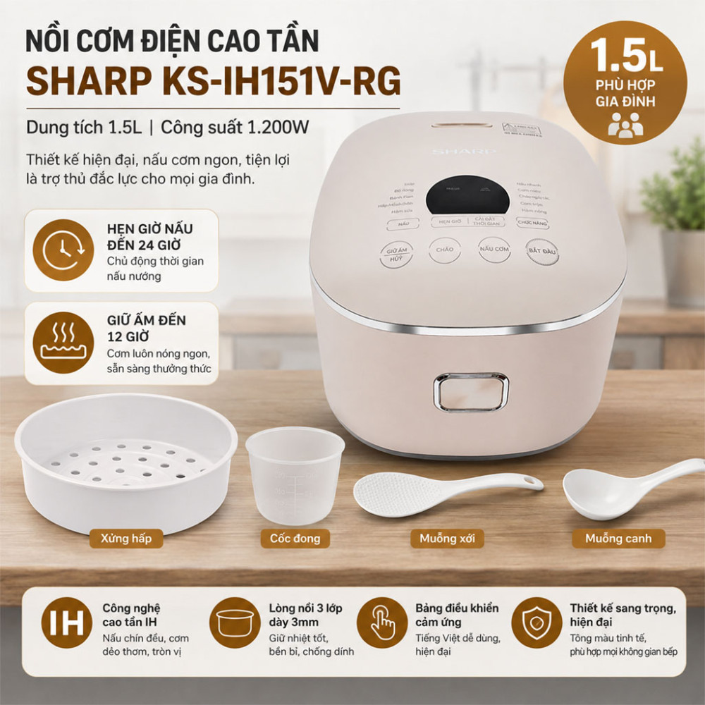 Nồi cơm điện cao tần Sharp 1.5 Lít KS-IH151V-RG - Hàng chính hãng