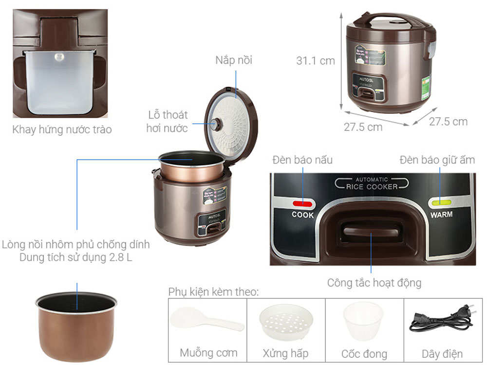 Nồi cơm điện nắp gài Mutosi MR-38 - Hàng chính hãng