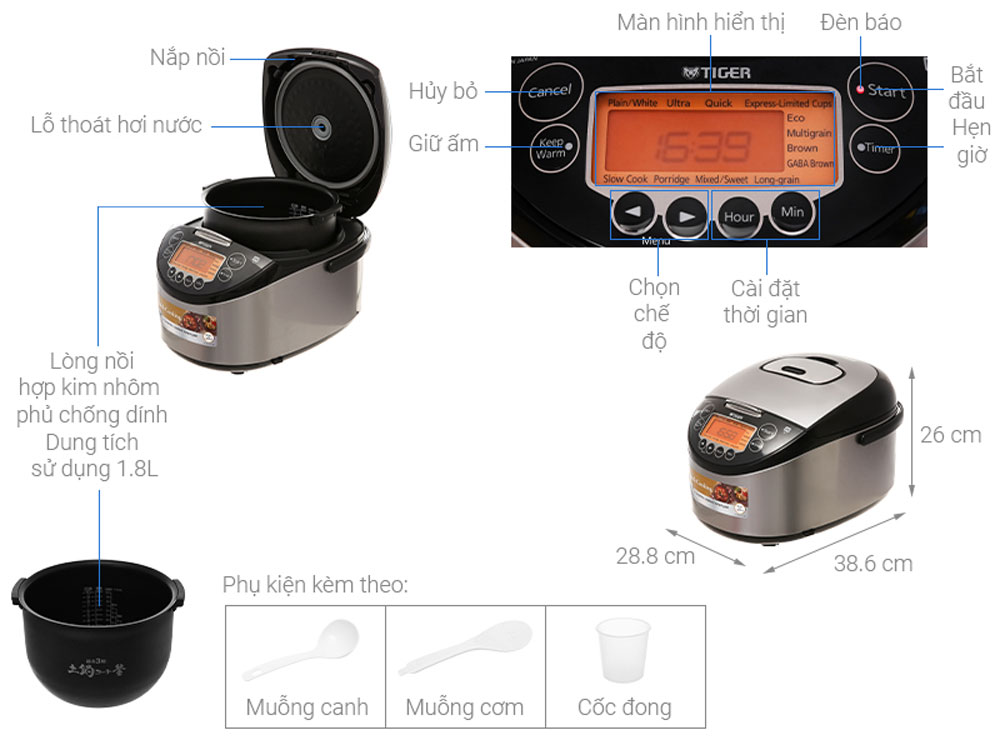 Nồi cơm điện Tiger cao tần JKT-D18V - Hàng chính hãng