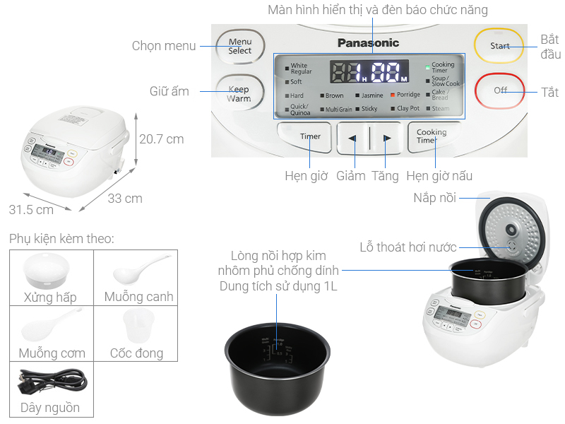 Nồi cơm điện tử Panasonic 1 lít SR-CL108WRA - Hàng chính hãng