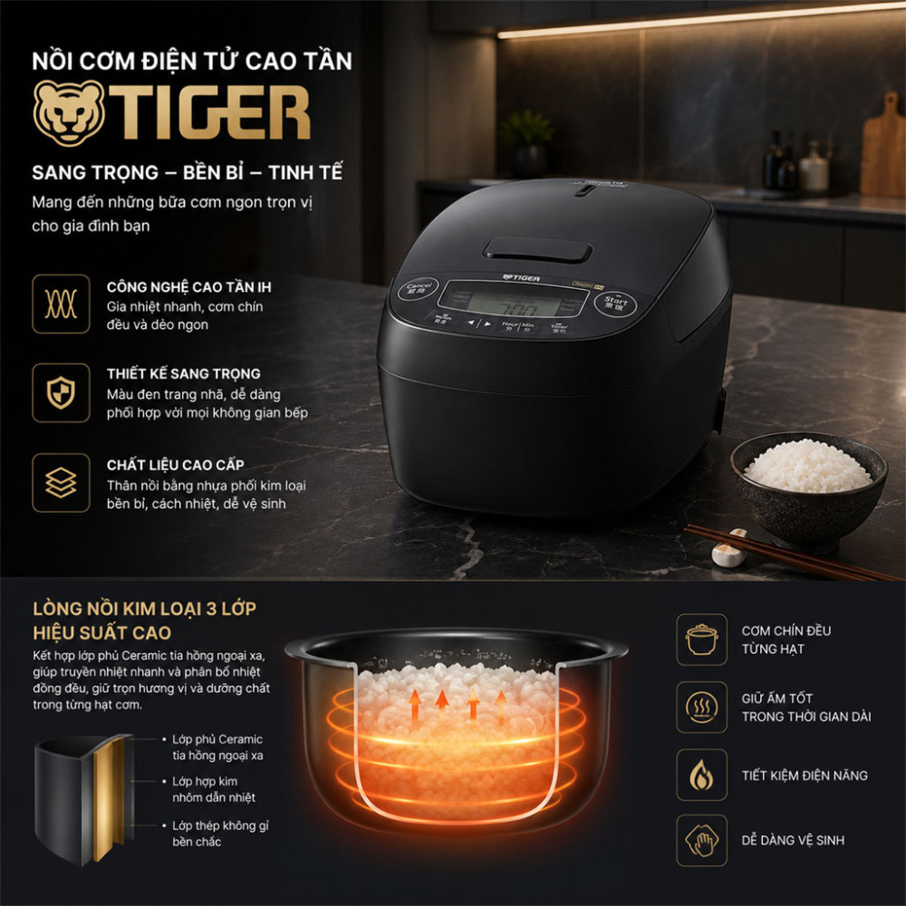Nồi cơm điện tử cao tần áp suất Tiger IH JPV-H10W - Hàng chính hãng