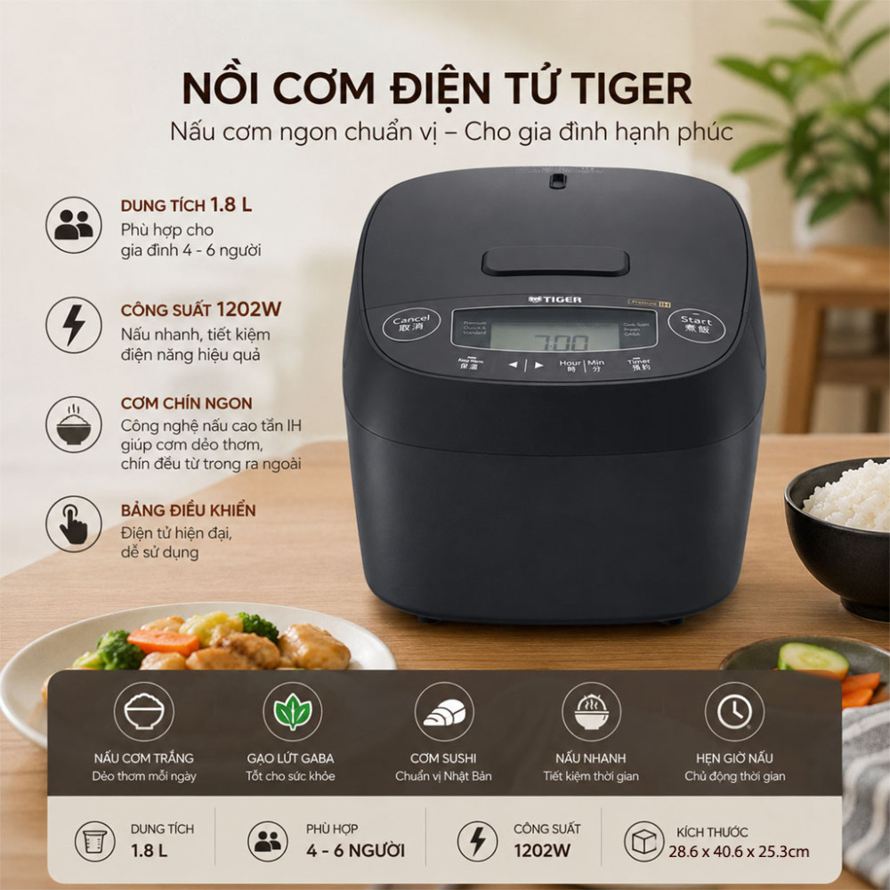 Nồi cơm điện tử cao tần áp suất Tiger IH JPV-H18W - Hàng chính hãng
