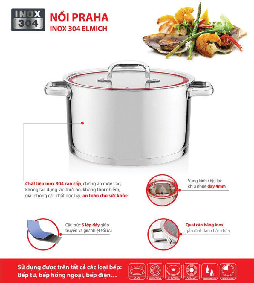 Nồi inox 304 Praha 20cm Elmich EL3278 - Hàng chính hãng