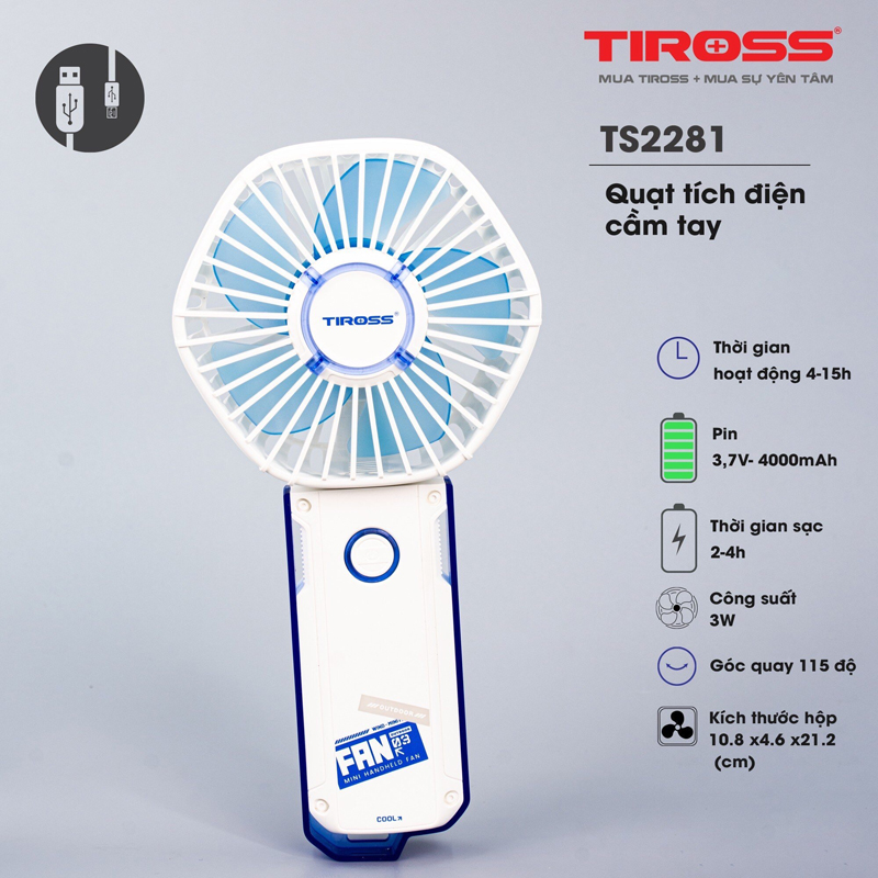 Quạt sạc cầm tay USB ngoài trời Tiross TS2281 - Hàng chính hãng