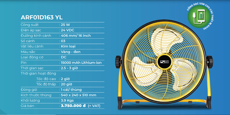 Quạt sạc tích điện AC ARF01D163 YL - Hàng chính hãng